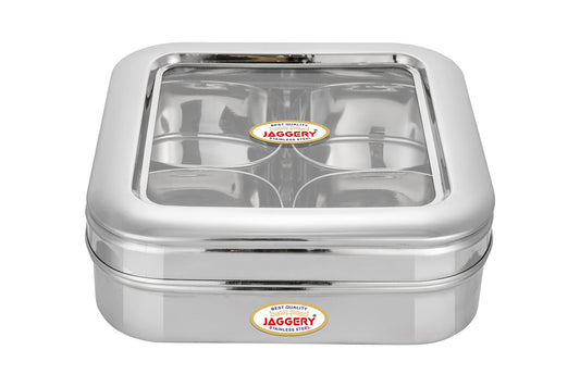 JAGGERY Stainless Steel Dry Fruit, Sweets, Candy, or Supari Box (4 Section) - Gift Box With 200ml Capacity Per Bowl