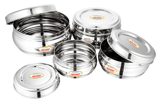 JAGGERY Stainless Steel Belly Shape Puri Dabba, Fridge Storage Round Conatiner, Set of 4pcs (Capacity-300ml, 410ml, 650ml and 900ml) (Dia-10cm, 11cm,13cm and 14.5cm)