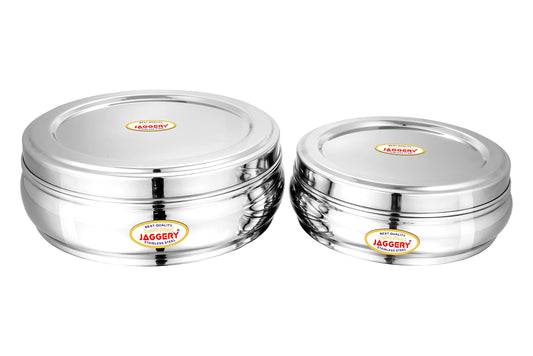 JAGGERY Stainless Steel Belly Shape Puri Dabba, Fridge Storage Round Conatiner, Set of 2pcs (Capacity- 1350ml,2500ml) (Dia- 18.5cm and 23cm)