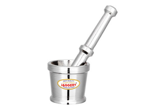 JAGGERY Stainless Steel Heavy Mortar Pestle Set Khal Batta Okhli Masher Kharad Crusher Imam Dasta (Capacity - 210 ml)