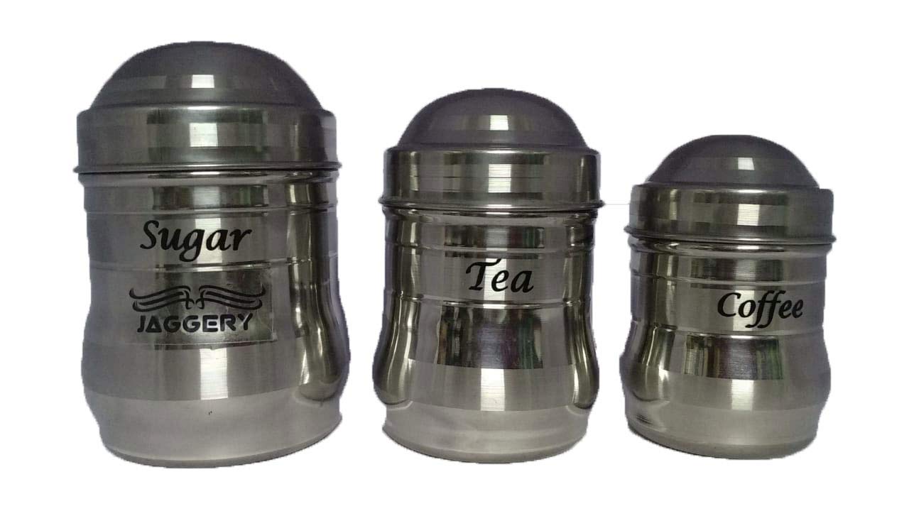 JAGGERY® - Stainless Steel Tea Sugar Coffee Containers Multipurpose Canisters Storage Jar - 3 pcs set (350ml, 500ml, 750ml)
