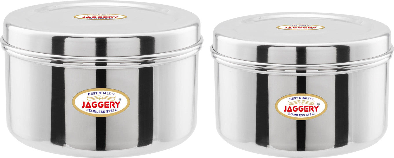 JAGGERY Steel Betha Dabba, Grocery Container - 1100 ml, 1500 ml (Pack of 2, For Laddu, Chips and Multi use)
