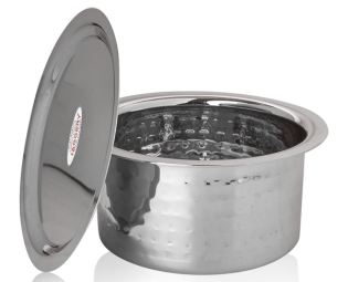 Jaggery Hammered Stainless Steel Tope/Patila with Stainless Steel Lid Cookware Sturdy and Durable for Home and Kitchen | 16 Cm Dia. Capacity 900 Ml Silver
