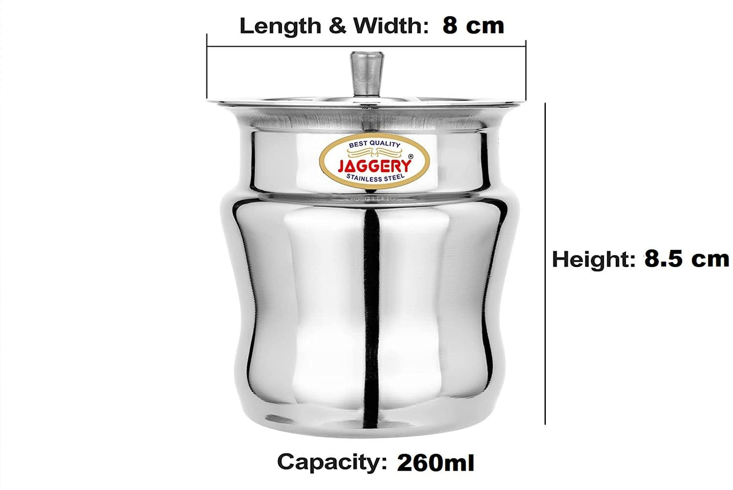 JAGGERY Stainless Steel Ghee Pot,Oil Pot, Ghee Storage Container with Lid and Spoon,Capcity-260ml, (Dia-8cm, H-8.5cm)