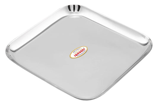 JAGGERY Stainless Steel Square Medium Dinner Plate Pack of 2 (L&W - 23cm, Weight Approx - 409 gram per Plate) Mirror Finish for Lunch, Salad Tray, Serving Tray or Snacks Plate