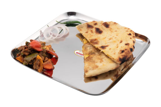 JAGGERY Stainless Steel Square Jumbo Dinner Plate Pack of 2 (L&W - 28.5cm, Weight Approx - 537 gram per Plate) Mirror Finish for Lunch, Salad Tray, Serving Tray or Snacks Plate