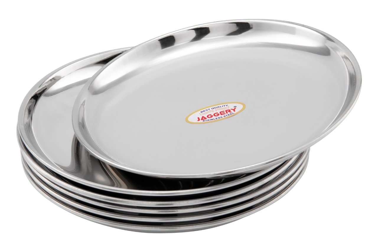 JAGGERY® Stainless Steel Dinner Thali, Lunch Dinner Thali Plates, Bangla Bogi Half Plate,Pack of 6, Dia- 21 cm