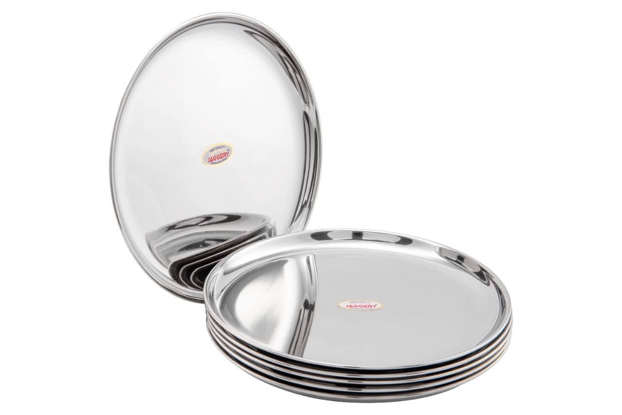JAGGERY® Stainless Steel Dinner Thali, Lunch Dinner Thali Plates, Bangla Bogi Jumbo Plate,Pack of 6, Dia - 28.4Cm