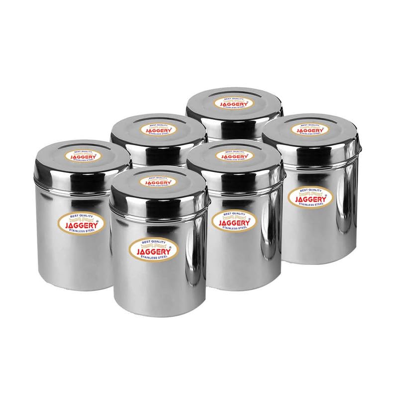 JAGGERY Stainless Steel Tall Container, Ubha Dabba (Set Of 6) (Dia_7.5 CM, Height_ 10 CM, Capacity_ 250 ML),Silver