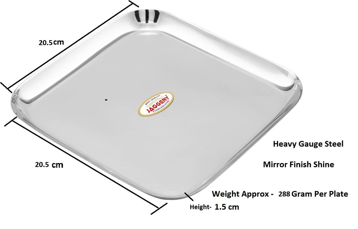 JAGGERY Stainless Steel Square Small Plate Pack of 2 (L&W -20.5cm, Weight Approx - 288 Gram per Plate) Mirror Finish Small Plate for Lunch, Salad Tray, Serving Tray or Snacks Plate