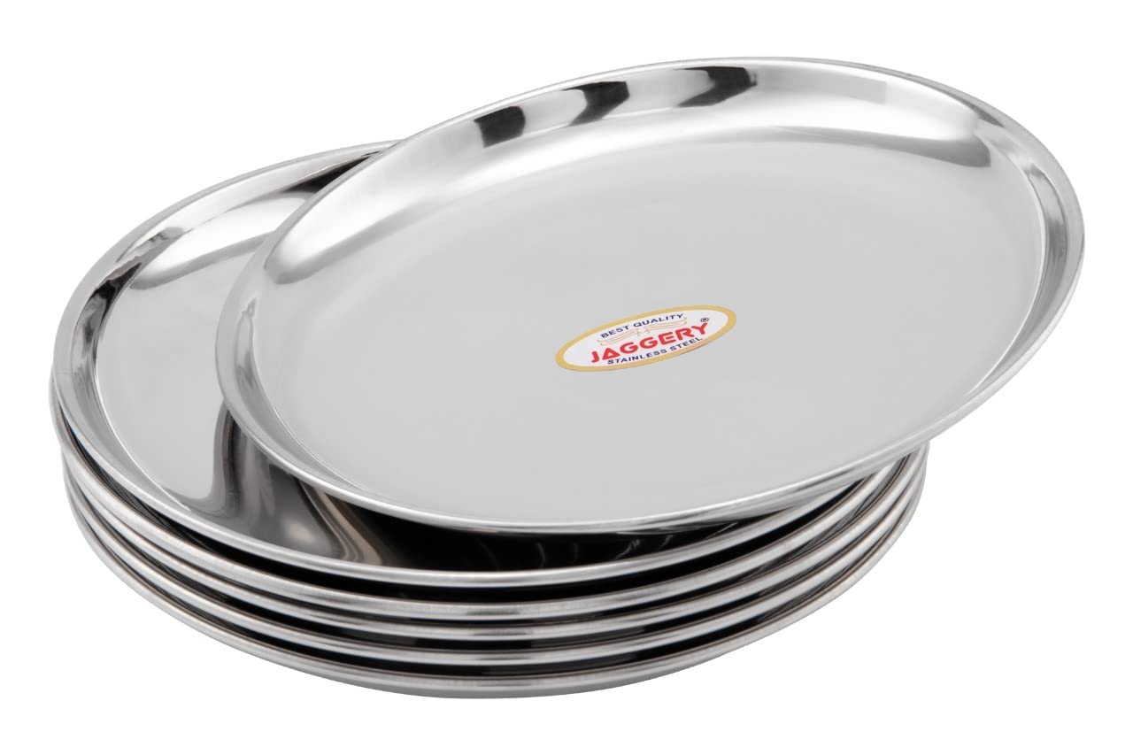 JAGGERY® Stainless Steel Dinner Thali,Lunch Dinner Thali Plates,Bangla Bogi Small/Quarter Plate,Pack of 6, Dia - 18.5 Cm