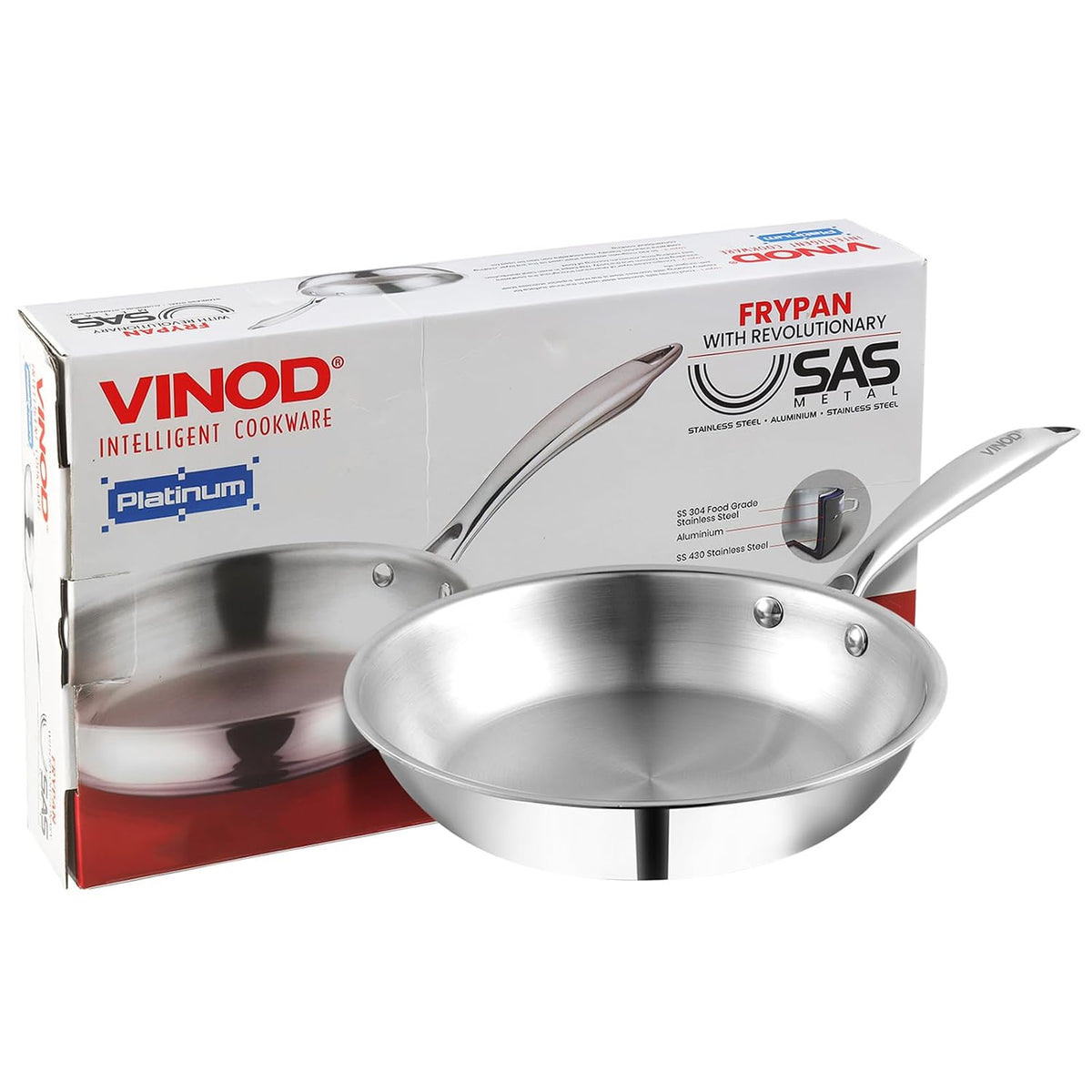 Vinod Platinum Triply Stainless Steel Frying Pan | 2.5 mm Thick Triply Cookware | Induction and Gas Compatible