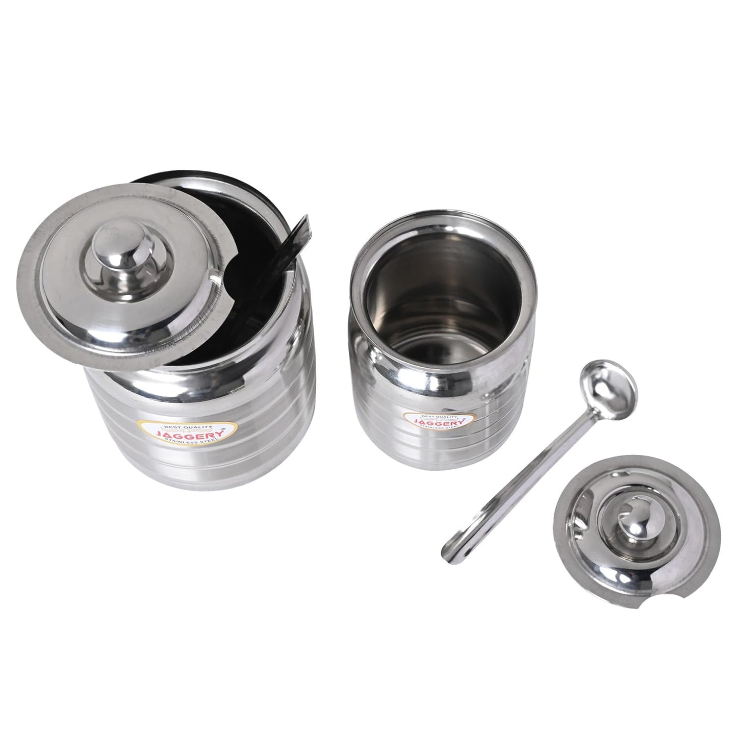 JAGGERY Stainless Steel Ghee Pot, Oil Container with spoon, Silver Touch Finish (pack of 2pcs) Capacity-600ml, (Dia-9cm, H-10.5cm)