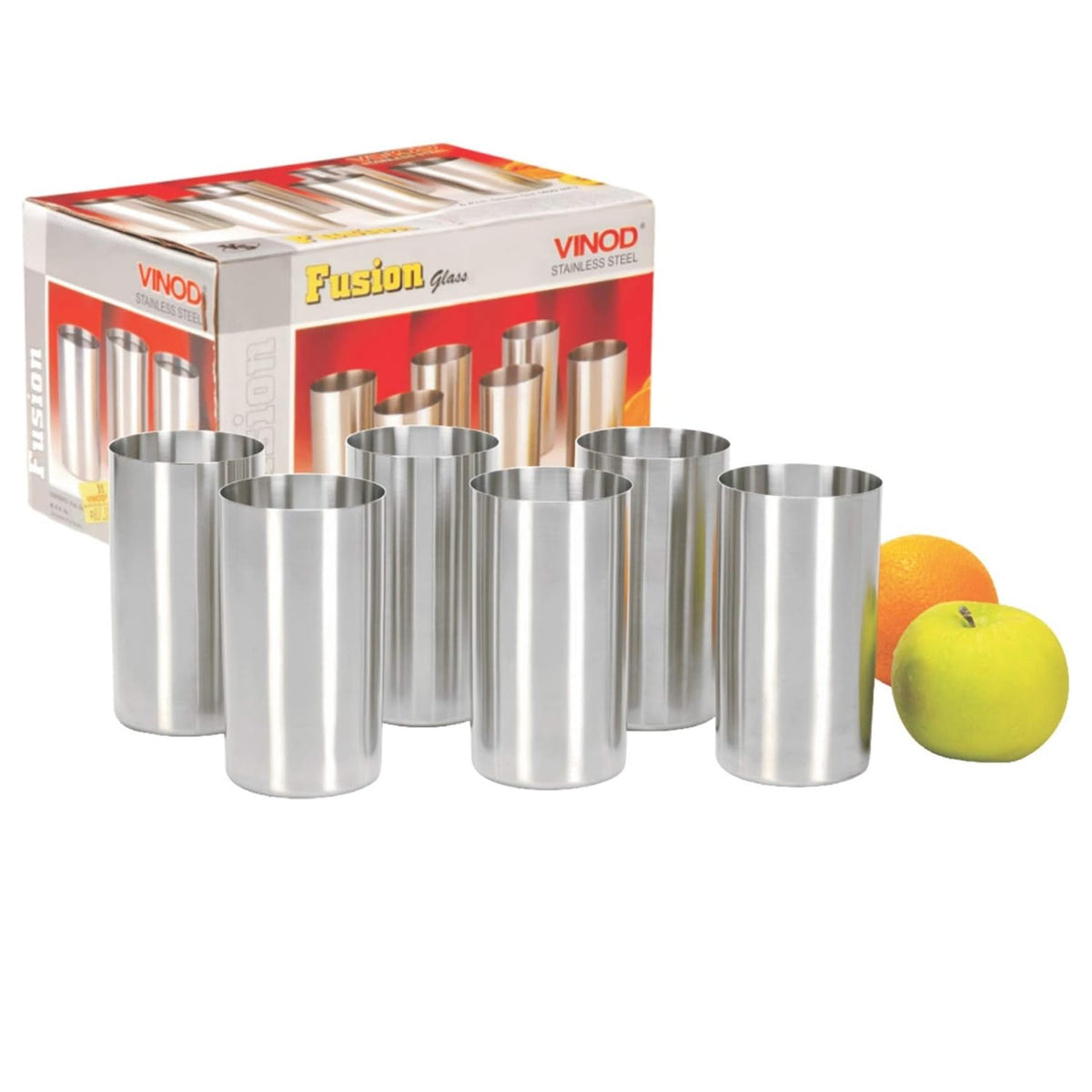 Vinod Stainless Steel Fusion Glass-Six Glasses in one Box - 400 ML