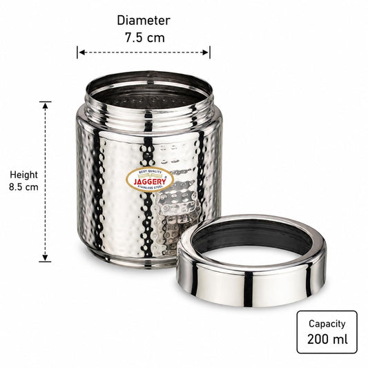 JAGGERY Stainless Steel 200 ml Hammered Container, Thread Dabbi, Airtight Dry Fruit Dabba with Seethrough Lid