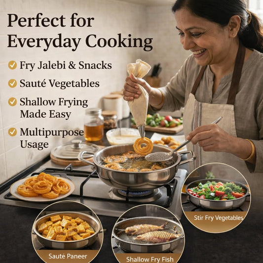 JAGGERY Triply Stainless Steel Shallow Flat Kadai with Glass Lid | Cook and Serve | Induction & Gas Compatible Jalebi Kadai | Triply Saucepot | Fry Pan | Heavy Duty Cookware
