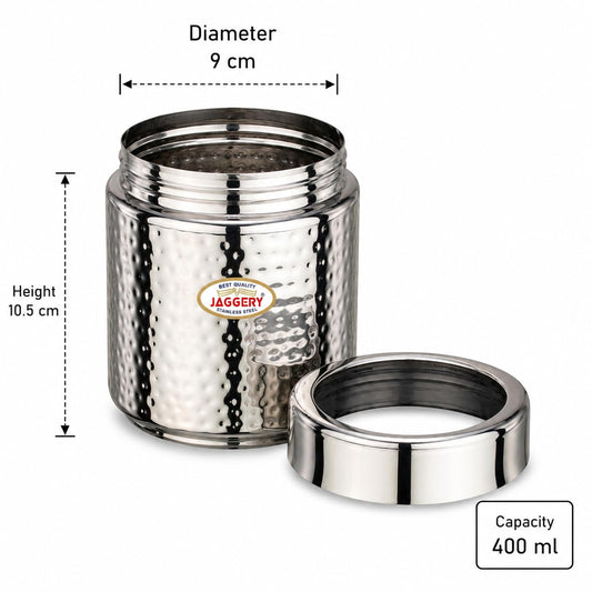 JAGGERY Stainless Steel 400 ml Hammered Container, Thread Dabbi, Airtight Dry Fruit Dabba with Seethrough Lid
