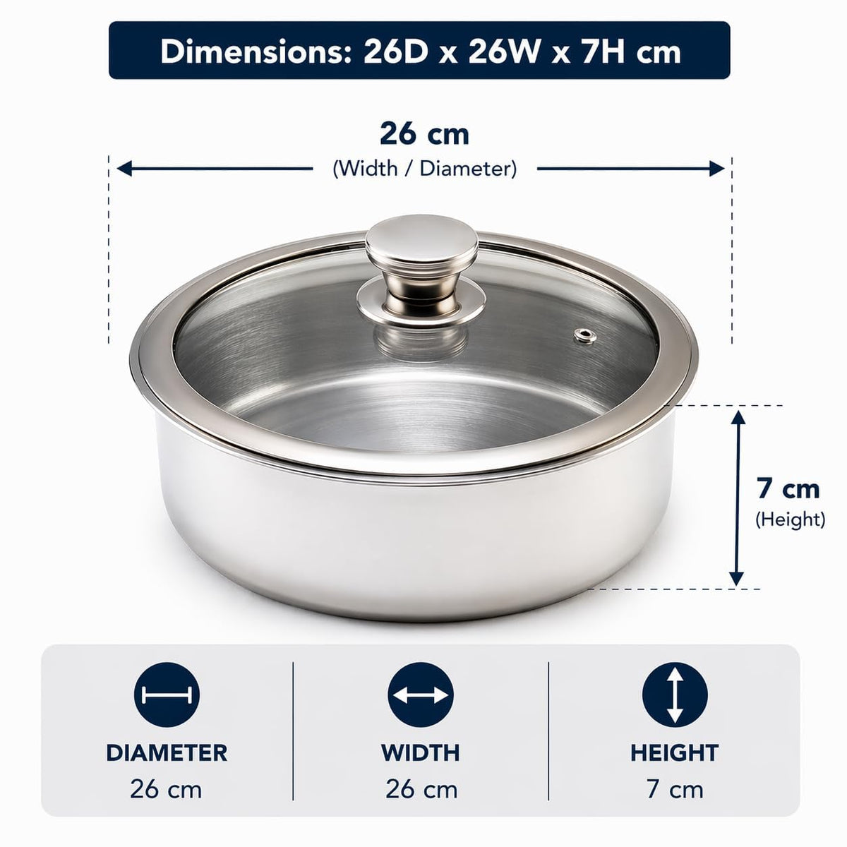 JAGGERY Triply Stainless Steel Shallow Tope with Glass Lid | Induction & Gas Compatible Patila | Cook and Serve | Triply Saucepot No Handles/Fry Pan | Heavy Duty Cookware