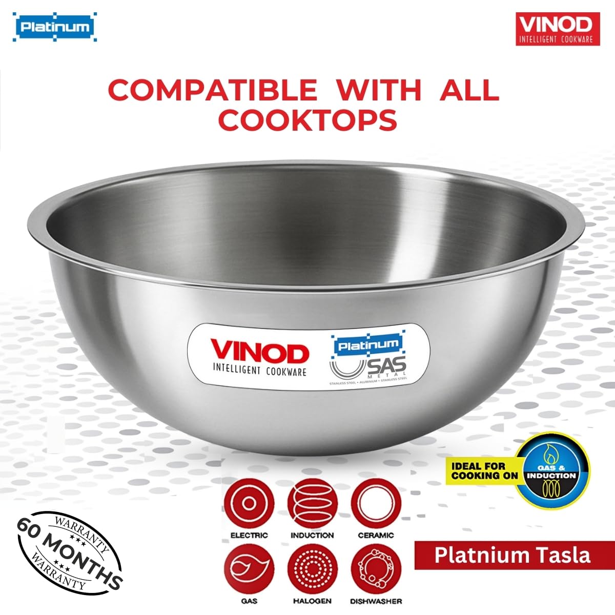 Vinod Platinum Triply Stainless Steel Extra Deep Tasla/Kadai | Heavy Bottom, Fast & Even Heating, Induction Base Kadhai for Frying & Dough