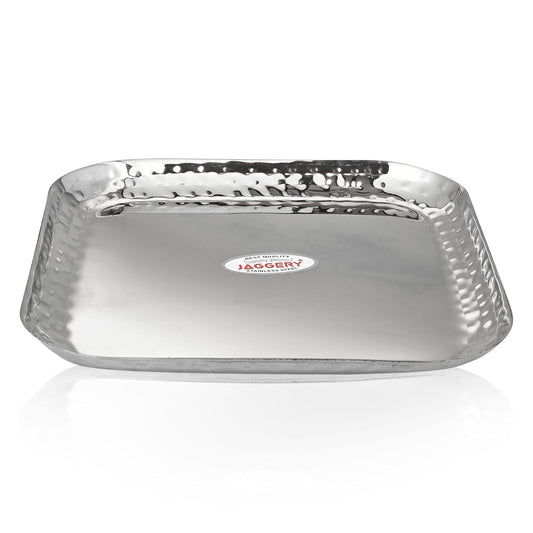JAGGERY Stainless Steel Medium Square Shape Hammered Plate/Snacks Plate/Breakfast Plate Set of 2pcs, 18cm Length & Width