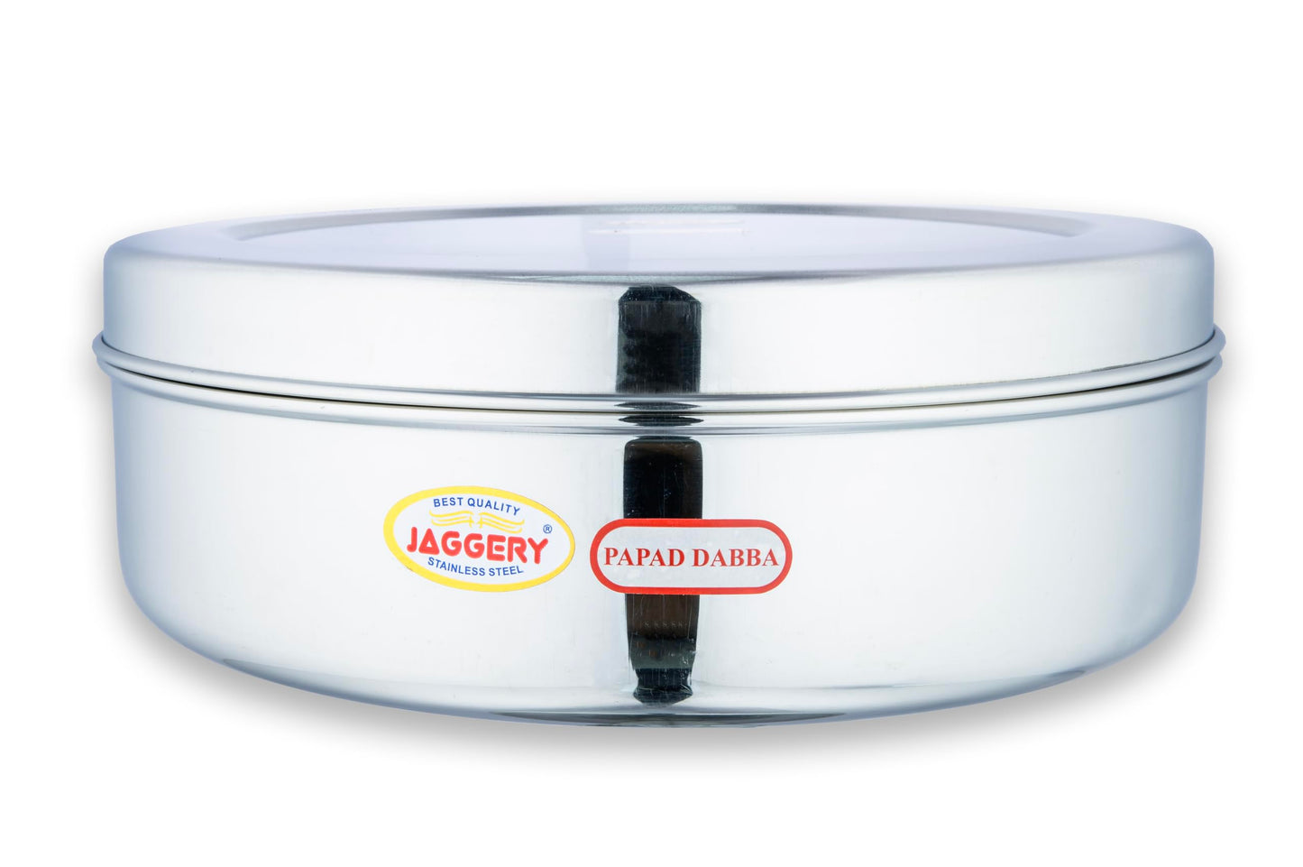 JAGGERY Steel Heavy Mirror Finished Papad Dabba/Multi Purpose Container (Dia- 28cm)