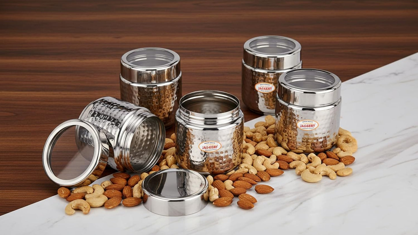 JAGGERY Stainless Steel Kitchen Storage Containers with Hammered Design, Airtight Lids (400ml,Set of 2)