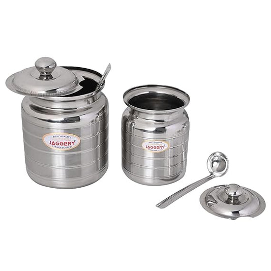 JAGGERY Stainless Steel Ghee Pot, Oil Container with spoon, Silver Touch Finish (pack of 2pcs) Capacity-600ml, (Dia-9cm, H-10.5cm)