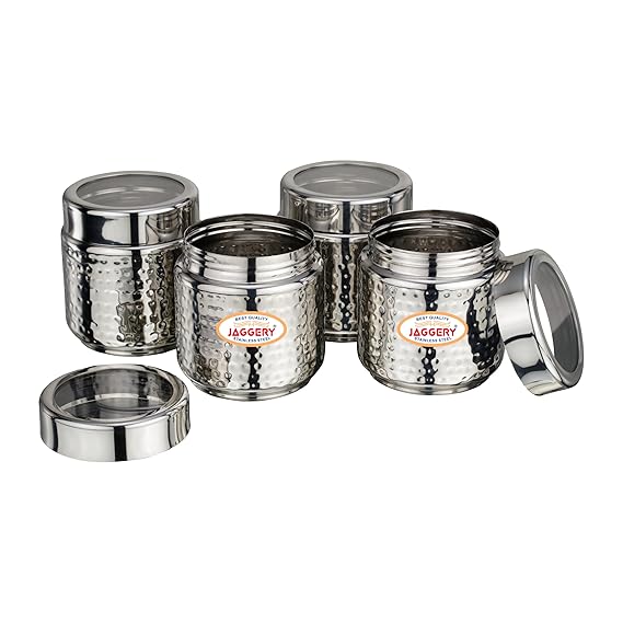 JAGGERY Stainless Steel Kitchen Storage Containers with Hammered Design, Airtight Lids (300ml,Set of 4)
