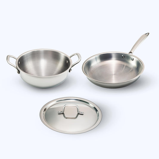 JAGGERY Triply Cookware Combo Set | 3.3 L Deep Kadai with Stainless Steel Lid & 22 cm Frypan | Induction Friendly Triply Stainless Steel Cookware