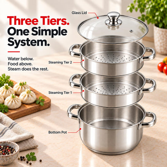 Vinod Stainless Steel 3-Tier Steamer with Glass Lid, 18 cm | 2.5 mm Thick Base