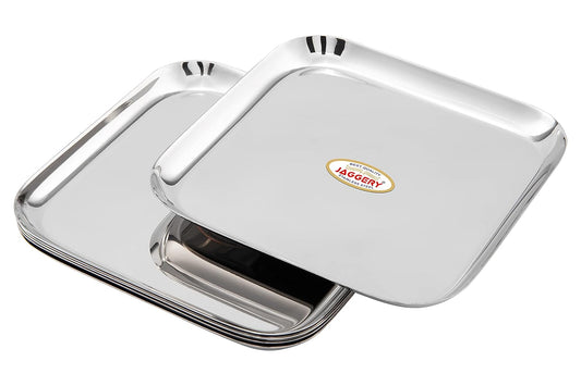 JAGGERY Stainless Steel Square Full Dinner Plate Pack of 4 (L&W - 26cm, Weight Approx - 442 gram per Plate) Lunch, Salad Tray, Serving Tray or Snacks Plate