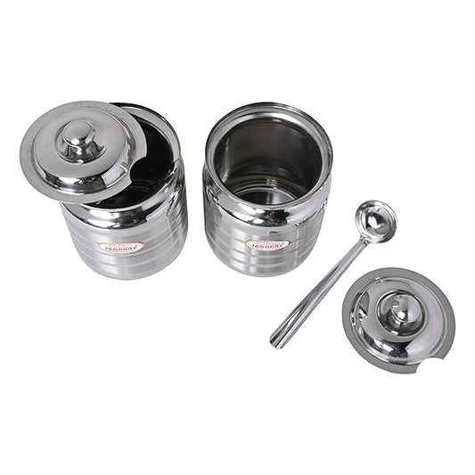JAGGERY Stainless Steel Ghee Oil Pot Container Kitchen Storage, Dispenser Oil Container With Lid And Spoon (pack of 2pcs) Capacity-350ml