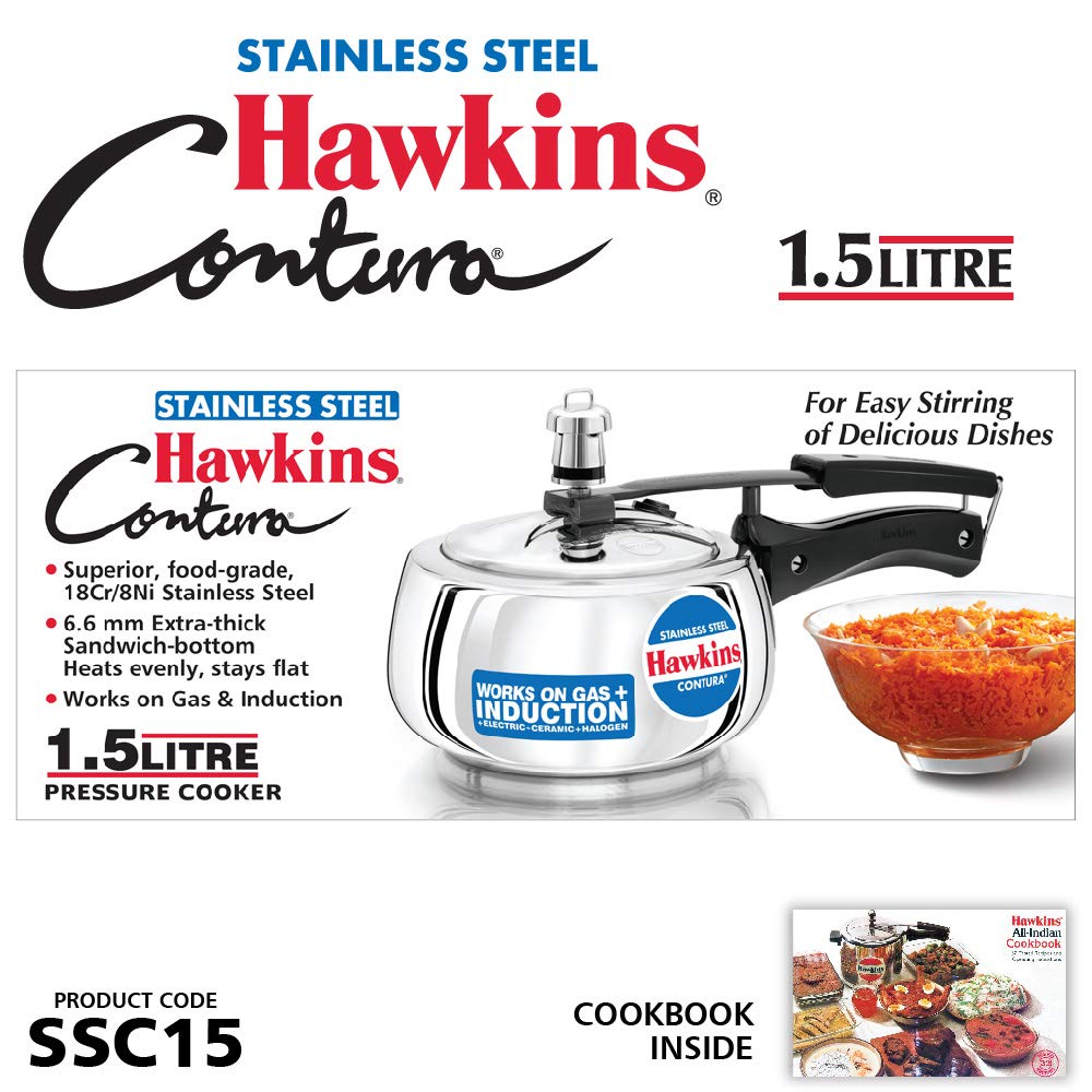 Hawkins Stainless Steel Contura Pressure Cooker, Inner Lid, Induction Compatible