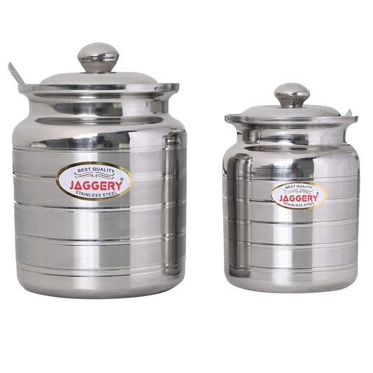 JAGGERY Stainless Steel Ghee Pot, Oil Container with spoon, Silver Touch Finish (pack of 2pcs) Capacity-600ml, (Dia-9cm, H-10.5cm)