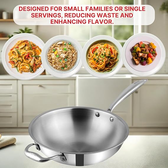 Vinod Platinum Triply Stainless Steel Wok - 3 Litre, 26 cm | Riveted Handle | Stir, Shallow Fry/Noodles/Curry/Fried Rice | Induction Base | 5 Year Warranty - Silver