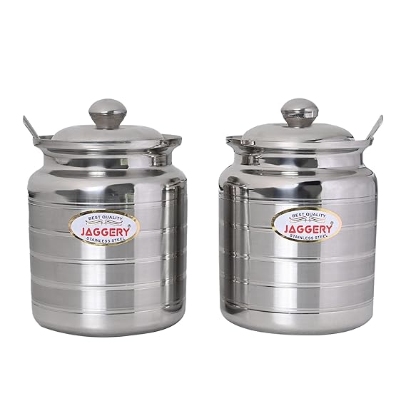 JAGGERY Stainless Steel Ghee Oil Pot Container Kitchen Storage, Dispenser Oil Container With Lid And Spoon (pack of 2pcs) Capacity-350ml and 600ml