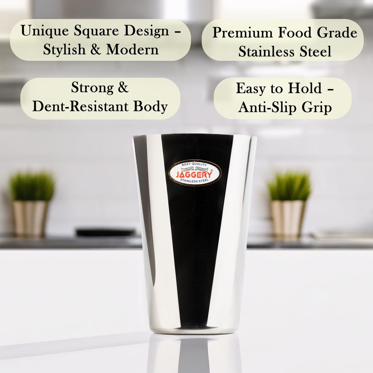 JAGGERY Stainless Steel Drinking Glass Set (Square 300ML)