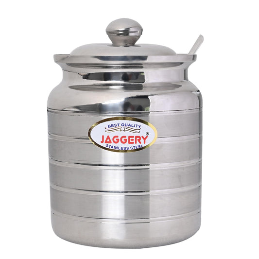 JAGGERY Stainless Steel Ghee Pot Oil Container With Lid And Spoon (pack of 1pcs) Capacity-600ml, (Dia-9cm, H-10.5cm)