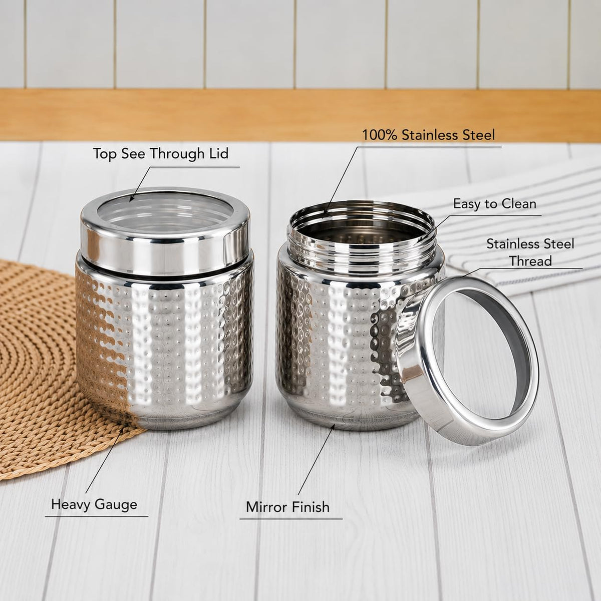 JAGGERY Stainless Steel 400 ml Hammered Container, Thread Dabbi, Airtight Dry Fruit Dabba with Seethrough Lid