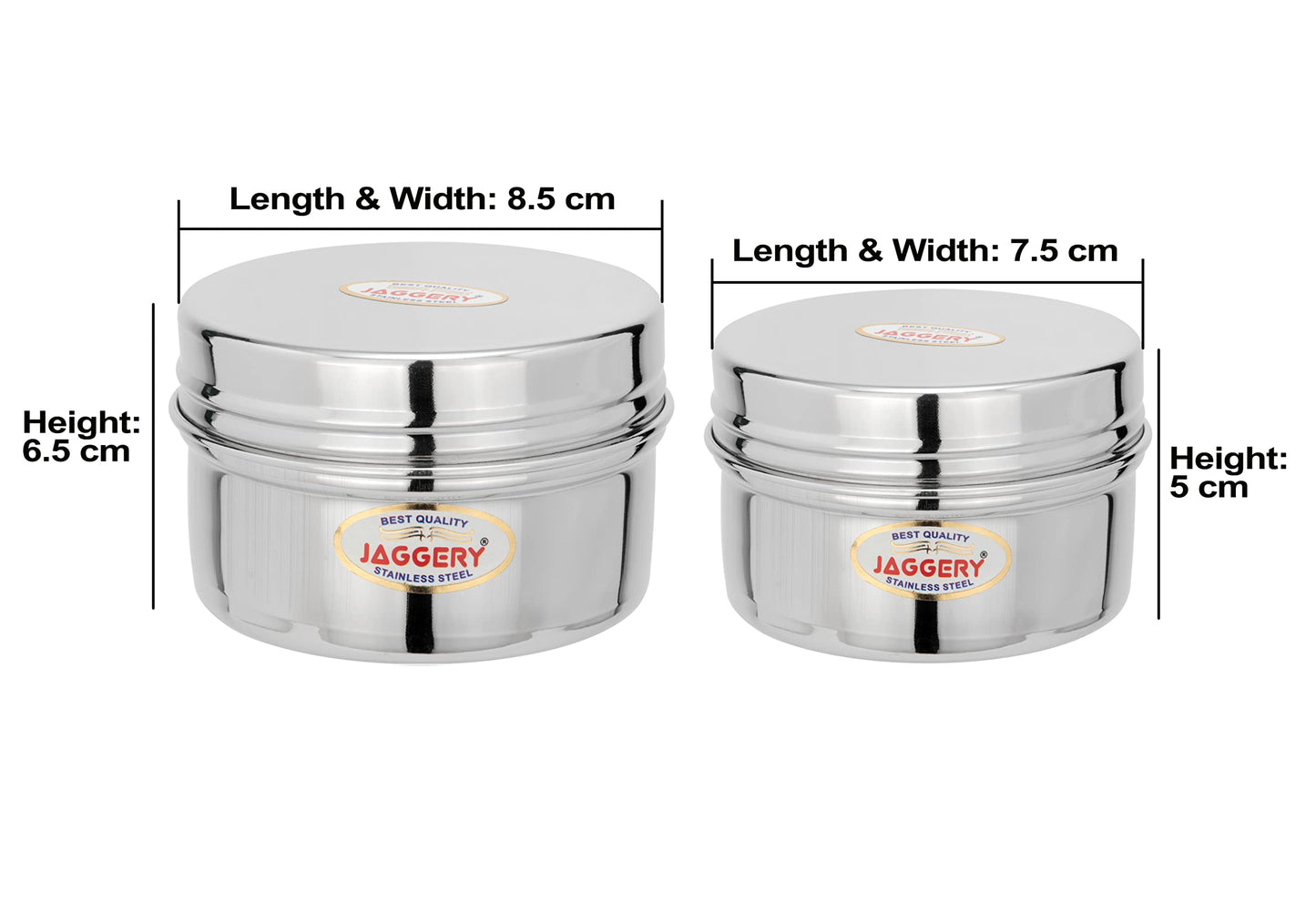 JAGGERY Stainless Steel Mini Storage Container, Screwdabbi, Pack of 2 (Dia-8.5cm,7.5cm) and (Dia-7.5cm, H-5cm, Capcity)