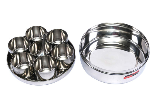 JAGGERY Stainless Steel Masala (Spice) Box/Dabba/Organizer with 7 Containers and Small Spoon (Dia- 7.1 Inch_18 Cm, Height - 2.8 Inch_7 Cm, Silver)