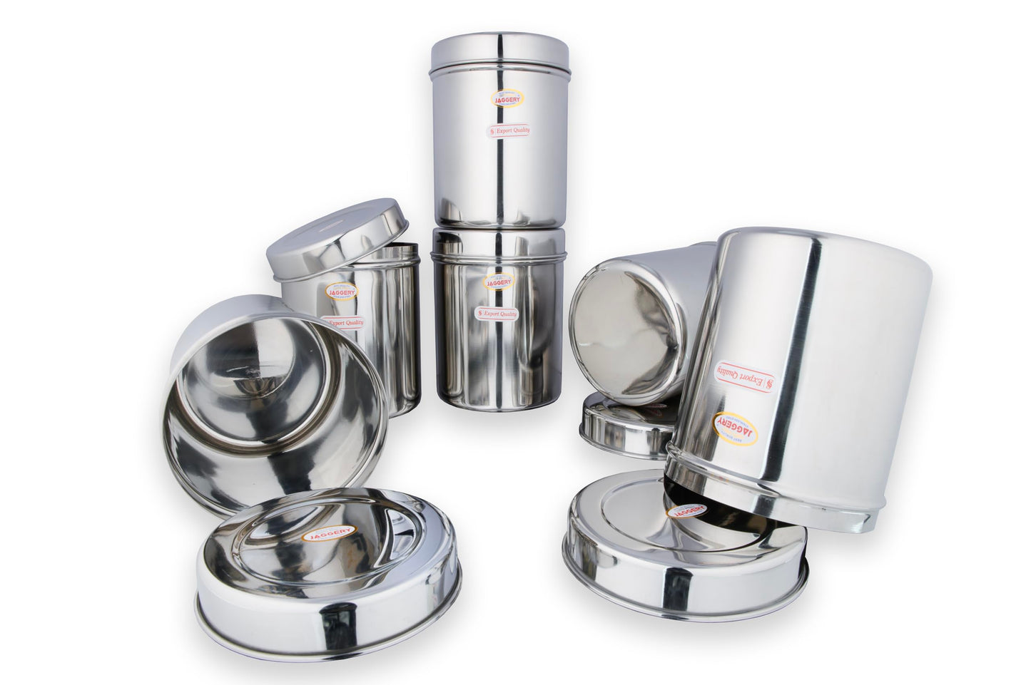 JAGGERY® Stainless Steel Tall Container, Ubha Dabba (Set of 6) (Dia_12 cm, Height 14.5 cm, Capacity_1 Litre)