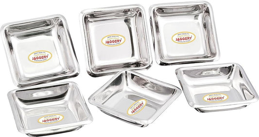 JAGGERY Stainless Steel Small Square Chutney Bowl, Pack of 6 pcs for Dip, Sauce and Sweet