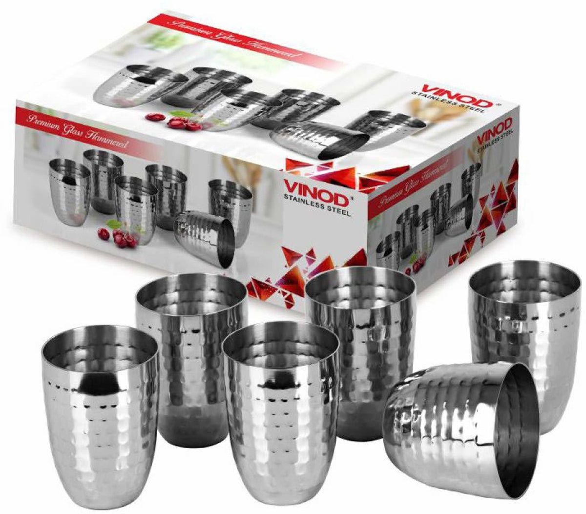 Vinod Stainless Steel Premium Glass (Hammered) - Six Glasses in one Box (300 ml)
