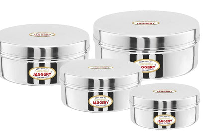 JAGGERY® Stainless Steel Flat Lid Container 4 Pcs Set, Puri Dabba Round Shape