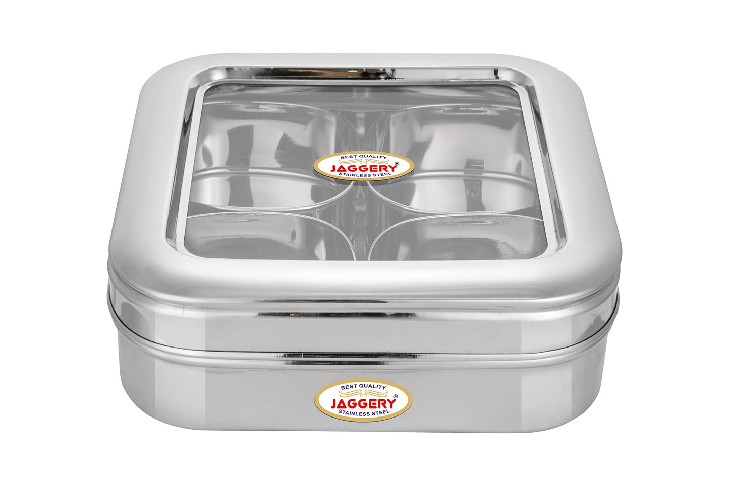 JAGGERY Stainless Steel Dry Fruit, Sweets, Candy, or Supari Box (4 Section) - Gift Box With 200ml Capacity Per Bowl