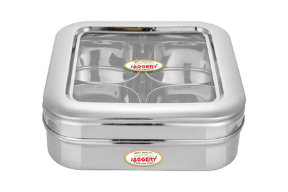 JAGGERY Stainless Steel Dry Fruit, Sweets, Candy, or Supari Box (4 Section) - Gift Box With 200ml Capacity Per Bowl