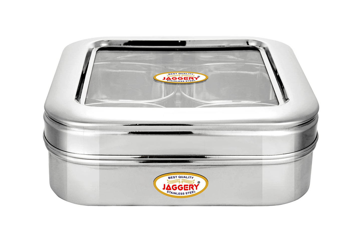 JAGGERY Stainless Steel Dry Fruit, Sweets, Candy, or Supari Box (4 Section) - Gift Box With 200ml Capacity Per Bowl