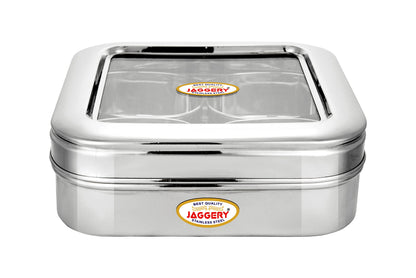 JAGGERY Stainless Steel Dry Fruit, Sweets, Candy, or Supari Box (4 Section) - Gift Box With 200ml Capacity Per Bowl