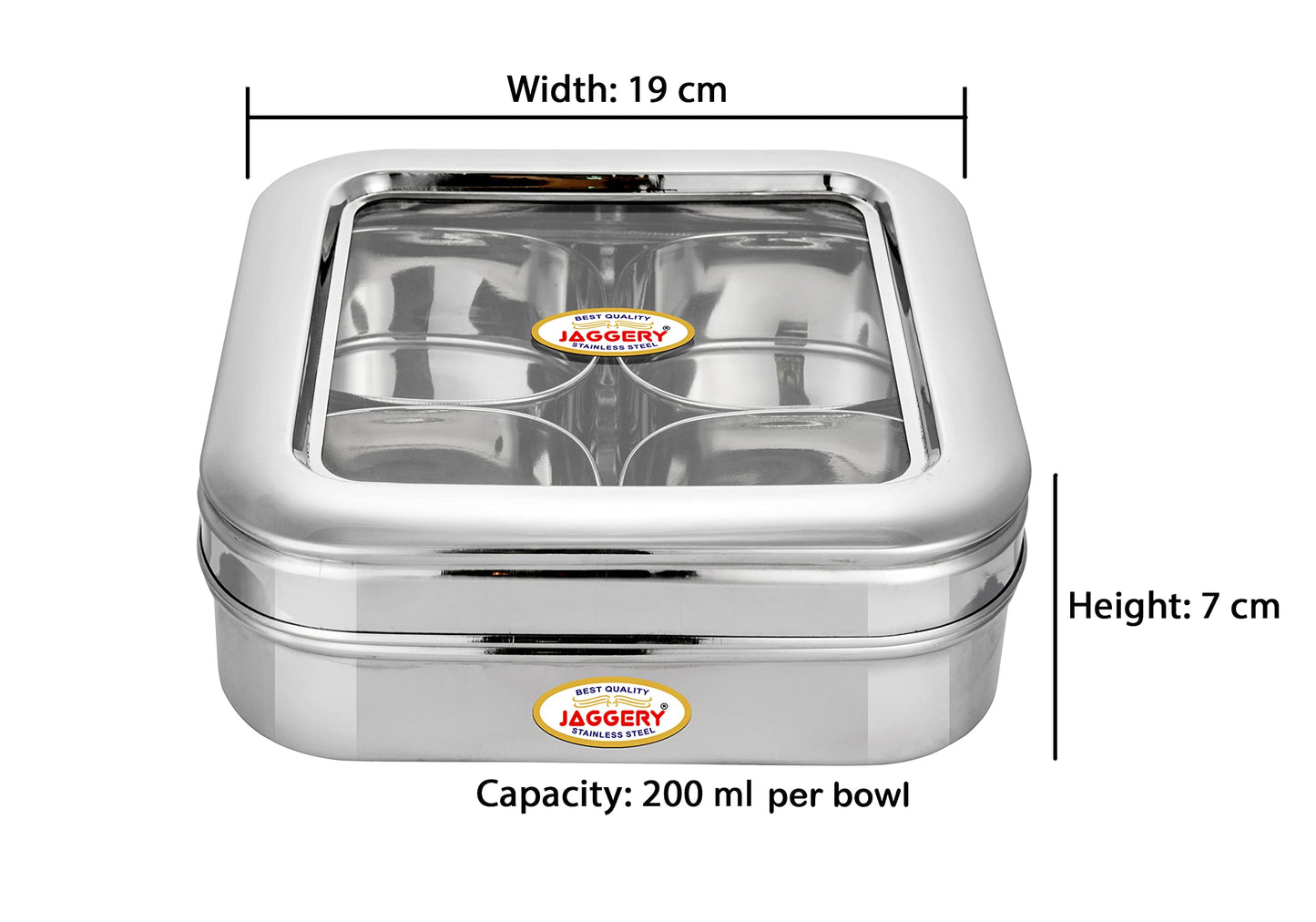 JAGGERY Stainless Steel Dry Fruit, Sweets, Candy, or Supari Box (4 Section) - Gift Box With 200ml Capacity Per Bowl